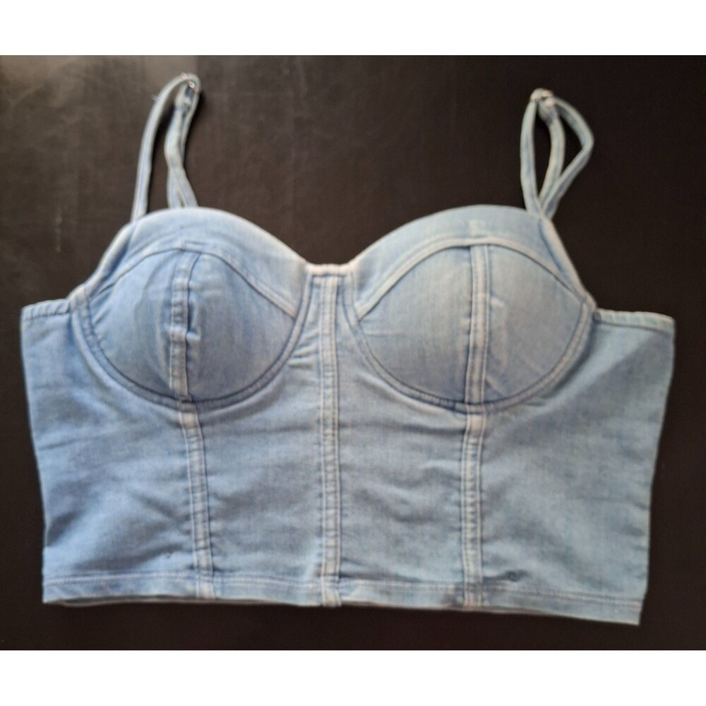 Haute Monde Medium Denim Padded Tank Bustier Bralette Crop Top Spaghetti Straps